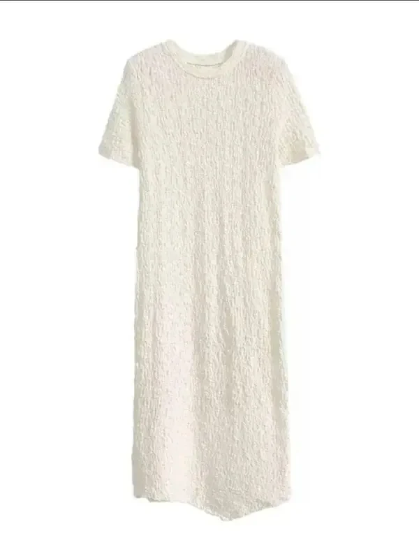 Vestido Midi de Verano Hoado con Mangas Cortas y Pliegues, Estilo Coreano, para Mujer de Talla ande (300 Libras), Ele...