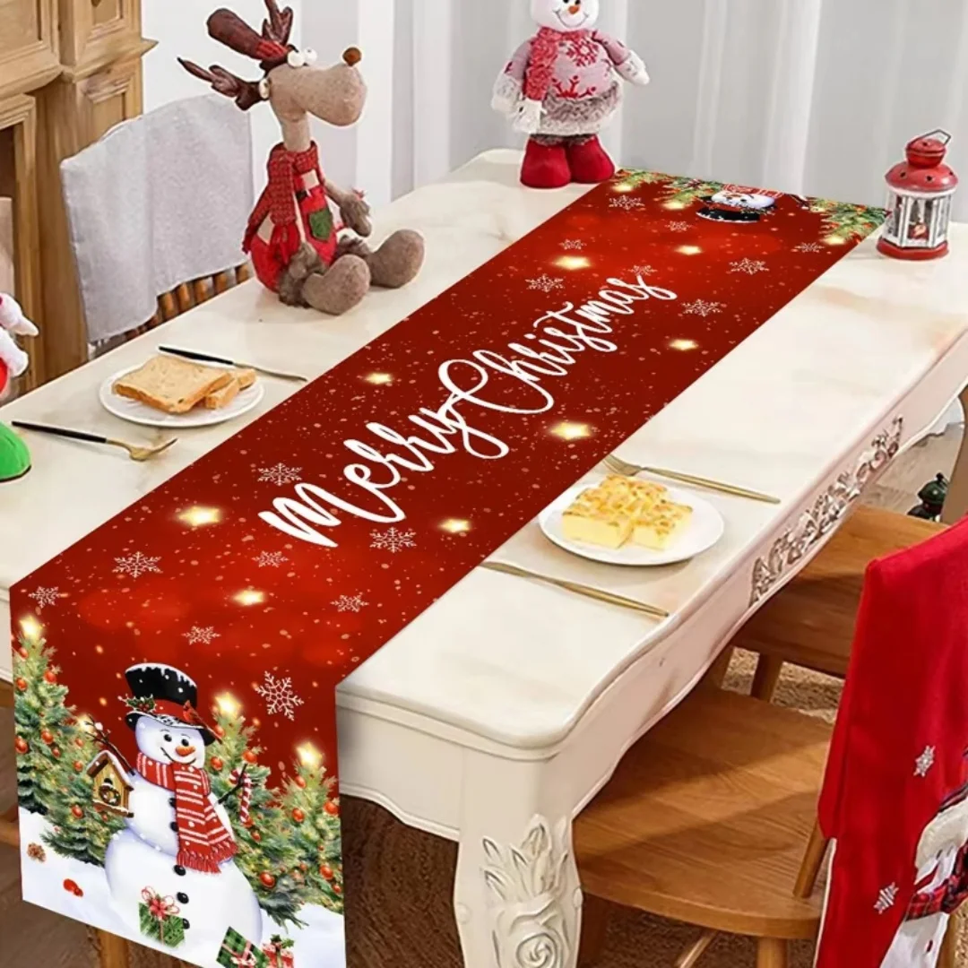 

1piece Christmas Snowman Gnome Buffalo Plaid Table Runner Merry Xmas Decor for Home Decoration Holiday Table Flag
