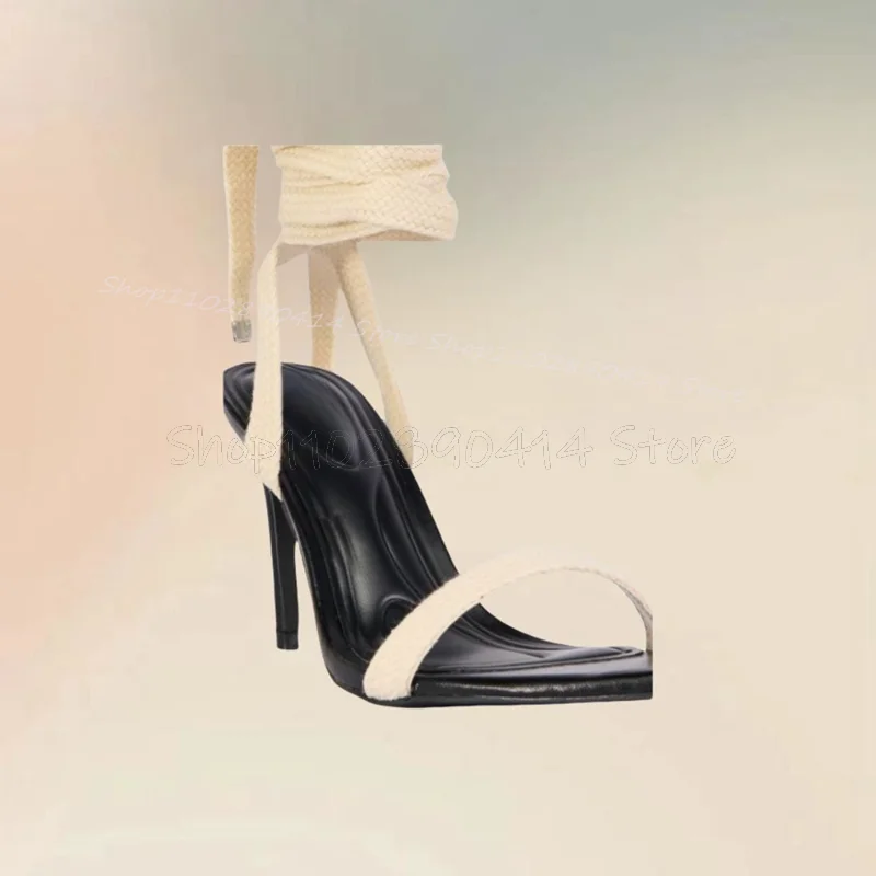 

Black Sole White Strappy Open Toe Twine Sandals Lace Up Women Shoes Thin High Heels Fashion Party Feast 2025 Zapatos Para Mujere
