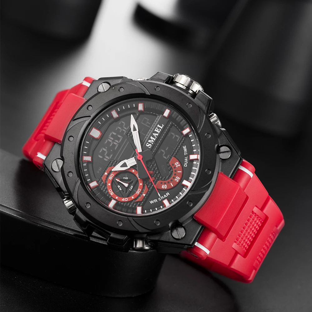 Orologio al quarzo per uomo SMAEL orologi da polso orologio rosso braccialetto 50M sveglia impermeabile analogico digitale 8060 orologi sportivi