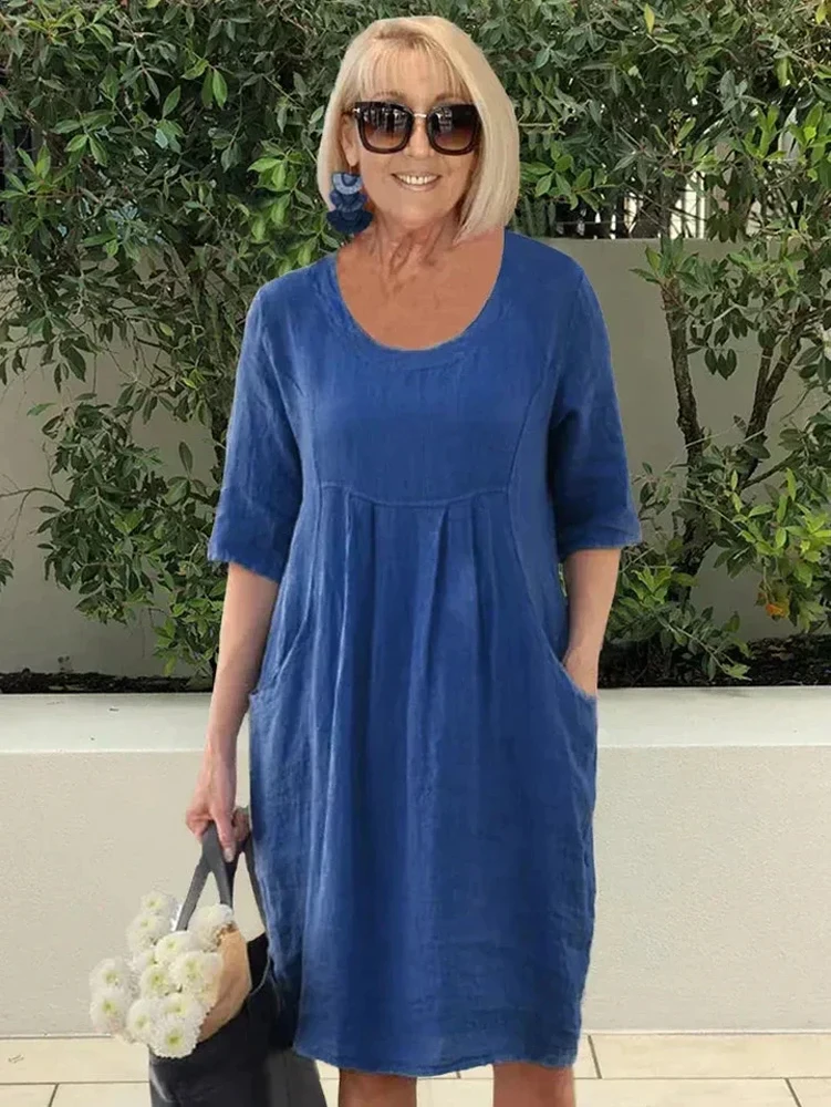 Übergrößen 1XL-5XL Damen Locker Sitzendes Baumwoll-Leinen-Kleid mit Taschen, Sommerkleid mit Rundhalsausschnitt und kurzen Ärmeln sowie Strandparty-Kleid – Detail 4