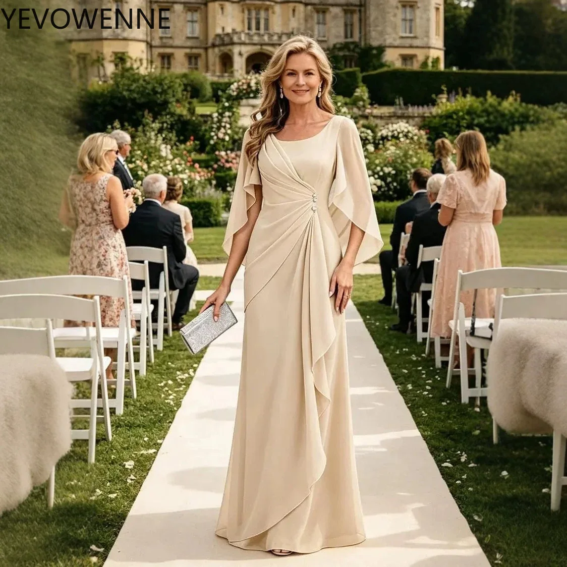Elegant Women Mother of the Bride Dress with Shawl Chiffon Rched Wedding Guest Dresses Button Decoration Party Gowns