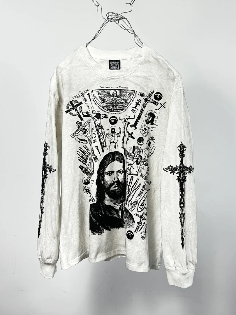Saint Jesus on the Cross L/S 25AW Women Men Printed T Shirt Washed Dirty Sprayed Wasteland Style Men Distressed T shirt