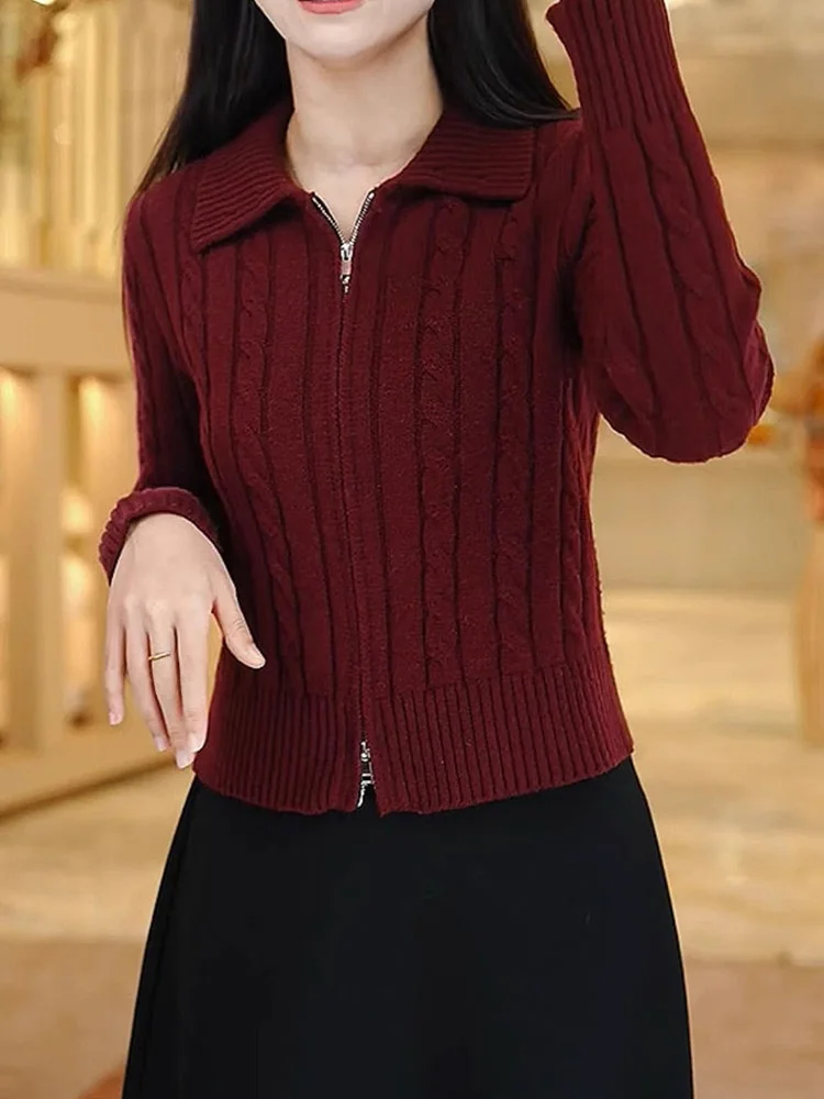 Double Zipper  Color Knitted Open Cardigan Casual Slimming Long Sve Leisurely Sle Women's Camere Sweater