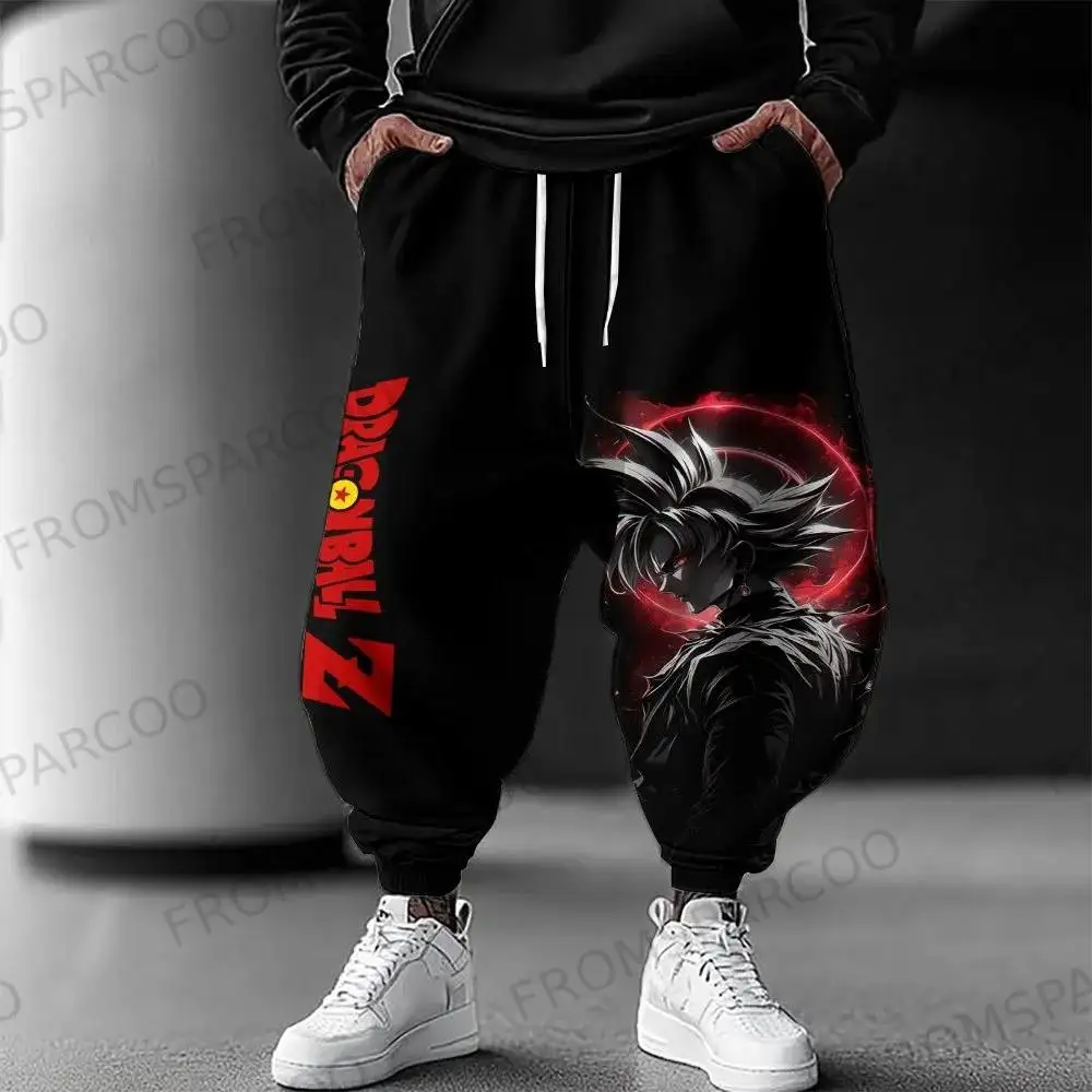 

Новинка 2025, мужские хлопковые брюки с высокой талией, широкие брюки, свободный крой, дышащие спортивные штаны с принтом Гоку