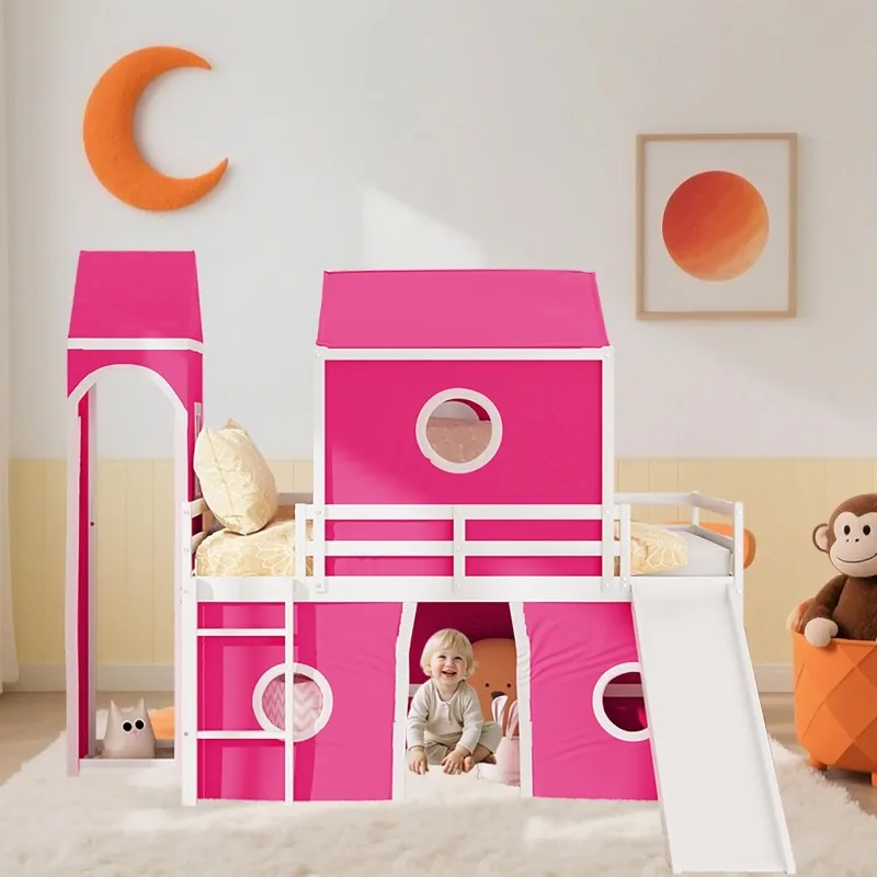 Twin-Size Kids Loft Bed with Slide, Pink Tent & Tower, Toddler Playhouse, Wooden Loft Bed with Guardrail, Fun Under-Bed P