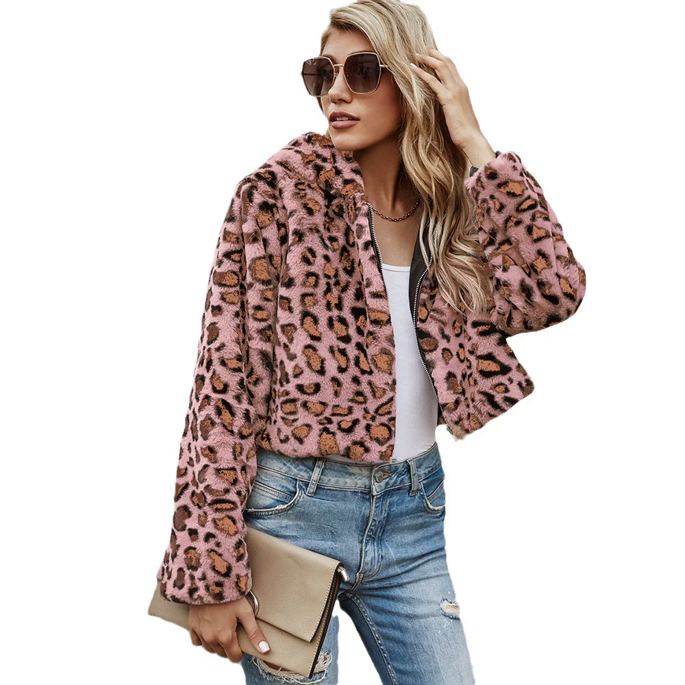 Damskie zimowe topy płaszcz sztuczne futro kaptur gorset panterka vintage wygodny casualowy design modny miękki niszowy uniwersalny obcisły