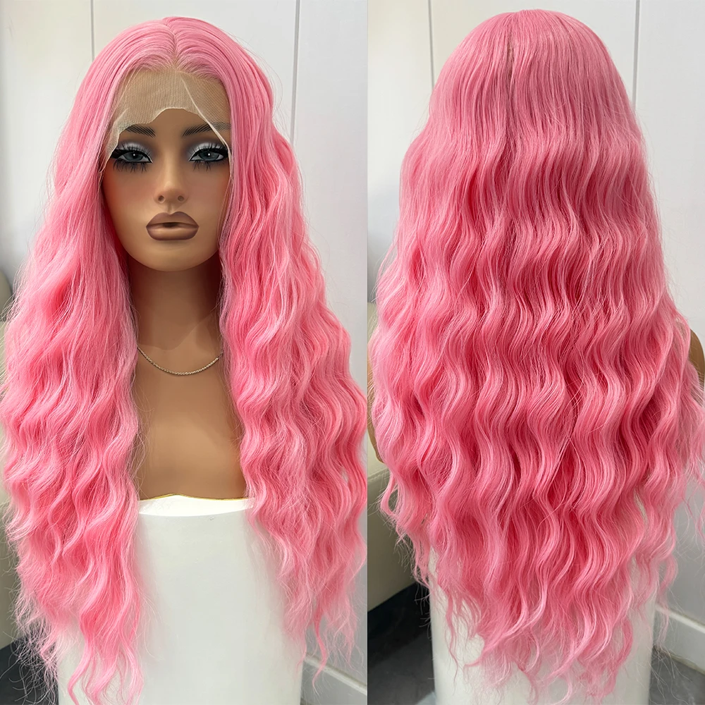 

Розовый парик Длинные синтетические парики фронта шнурка для женщин Ярко-розовый парик с естественной волной Ежедневное использование Фиолетовый парик Длинный свободный вьющийся парик Косплей
