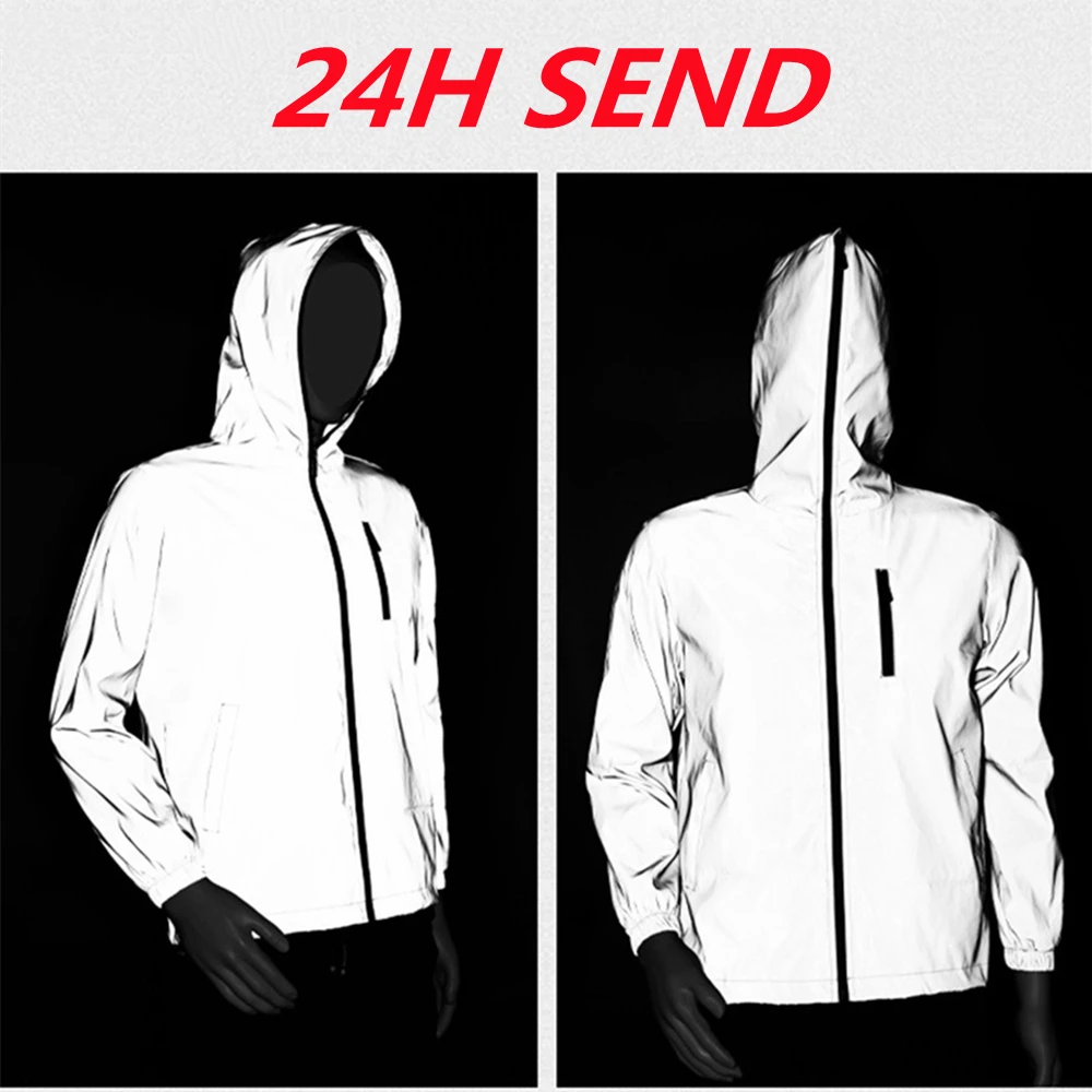 2023 Men\'s Jacket Hooded Full Reflective Jacket Casual Women Windbreaker Hip Hop Coat Waterproof Streetwear Night Shiny Jackets