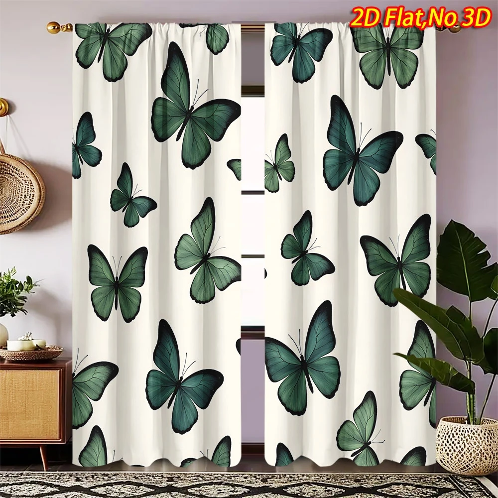 

2D Flat Print Green Butterfly Curtains Polyester Machine Washable Bedroom Living Room Kitchen Balcony Modern Decor Drapes