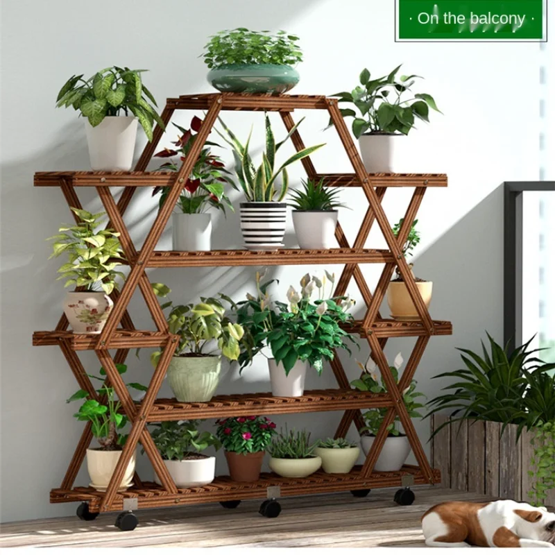 Multi layer Indoor Balcony Flower Rack Shelf Fashion Household Solid Wood Floor Type Succulent Green Radish Flower Pot Rack