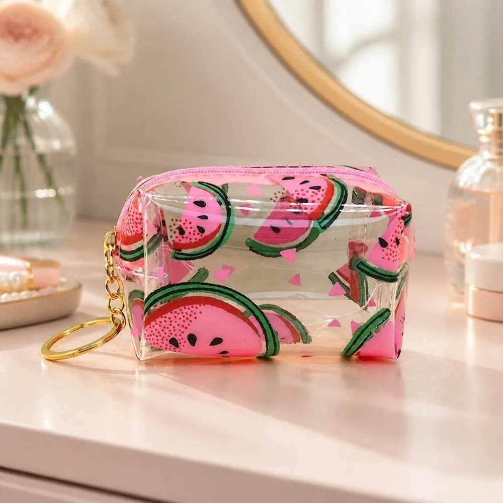 Portable Waterproof PVC Coin Purse Transparent Printed Mini Keychain Pouch Zippered Lightweight Zipper Change Wallet Women