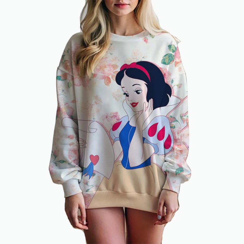 Outono nova moda feminina casual moletom disney sereia princesa alice impressão tripulação pescoço manga longa senhoras pulôver