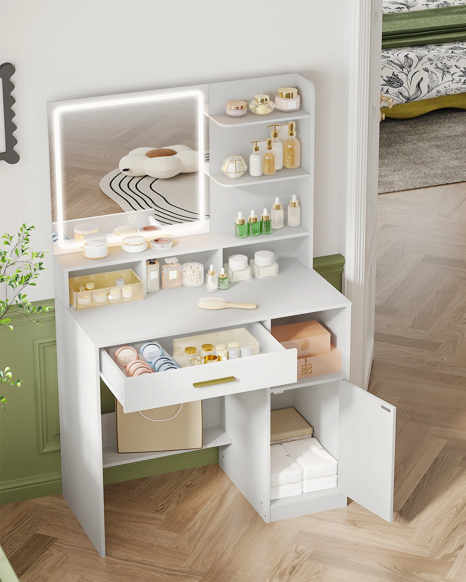 طاولة تزيين هزوانري مع مرآة وإضاءة LED، مع 3 أرفف و4 مقصورات مفتوحة، مع أدراج وخزائن