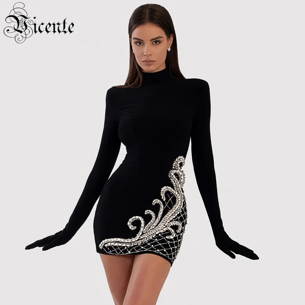 

VC Sparkling Luxury Diamond Tight Black Women'S Sexy High Neck Long Sleeve Crystal Bodycon Dress Elegant Evening Mini Dress