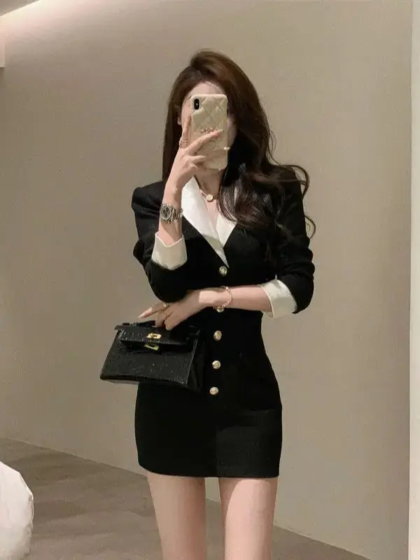 Mini Skirt Set High Quality Black Business Attire Women Casual Korean Crop Top Jacket + Short Skirts Elegant 2024 Autumn New