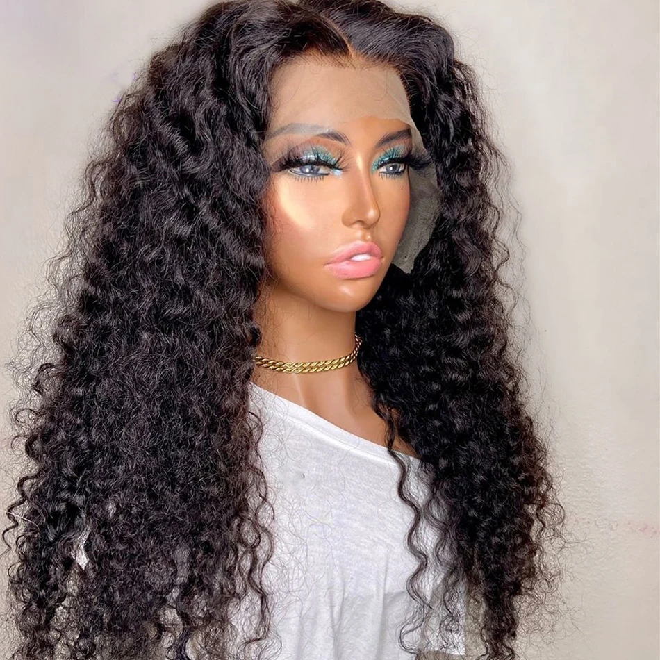 

Soft 26inch long 180% Density Natural Black Kinky Curly Deep Lace Front Wigs With Baby Hair For Women Preplucked Glueless Daily