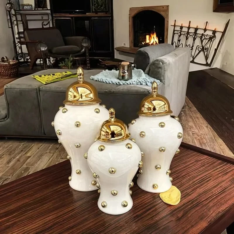 Round gold bead universal light luxury ginger jar platinum ceramic e home decoration