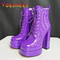 Voesenees Purple Square Head Shoes dla kobiet 2023 wiosenna i jesienna koronka wysokie obcasy 15CM przeciwpoślizgowe grube krótkie kozaczki na platformie