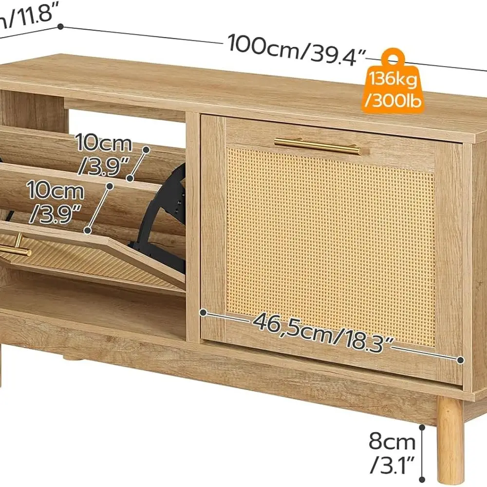 مقعد تخزين أحذية الروطان الضيق مع أدراج قابلة للطي للمدخل والممر، منظم من الخشب الطبيعي NL51HX01