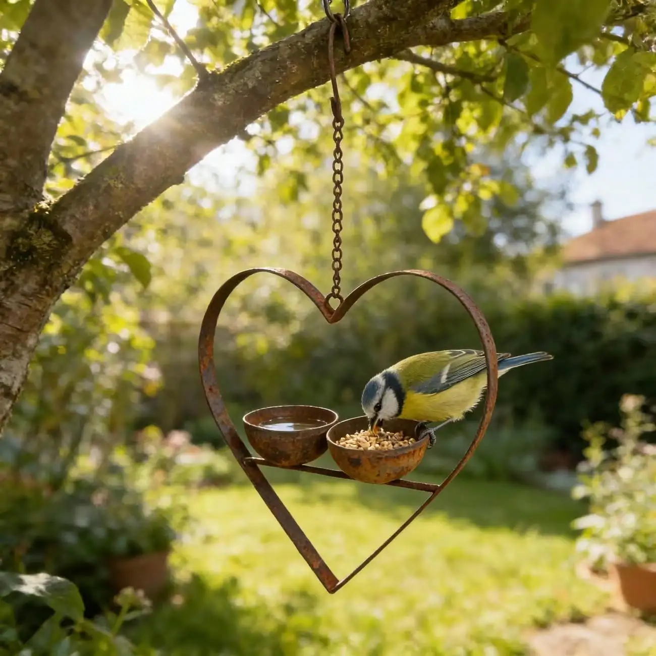 Metal Rust-resistant Heart-shaped Feeder With Two Water And Food Containers, Garden Hanging Bird Feeder Garden Decoration JJ2831