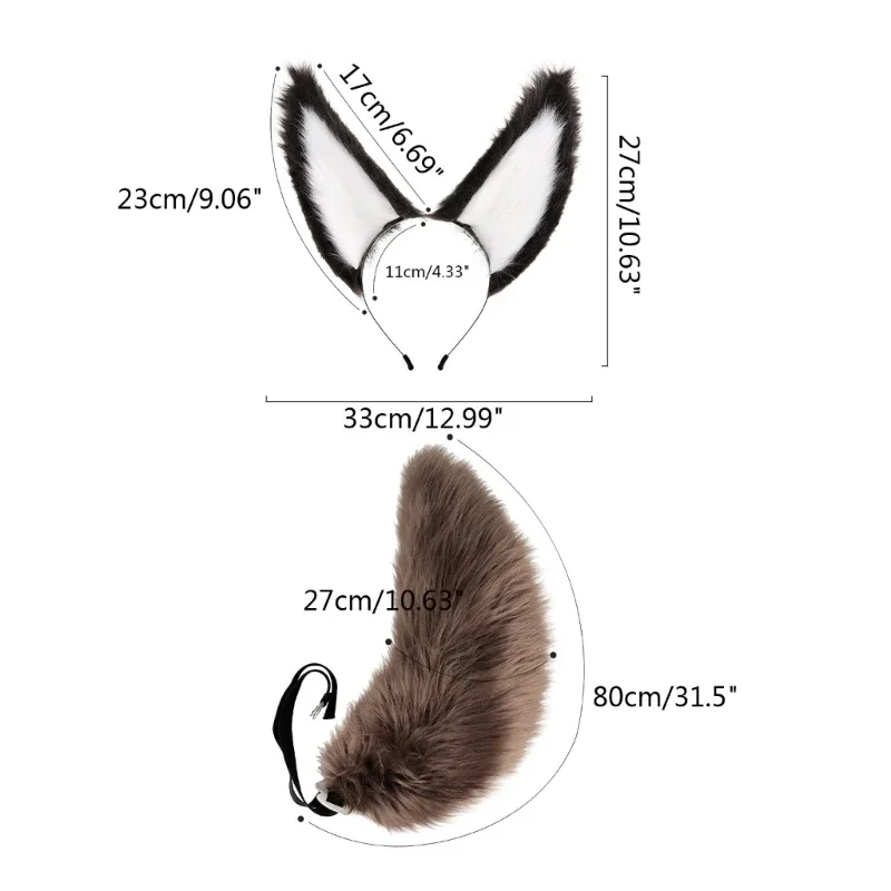 สัตว์ชุดคอสเพลย์ Faux FUR Wolf Furry หางและหูสำหรับปาร์ตี้ฮาโลวีนเครื่องแต่งกายอุปกรณ์เสริม R7RF