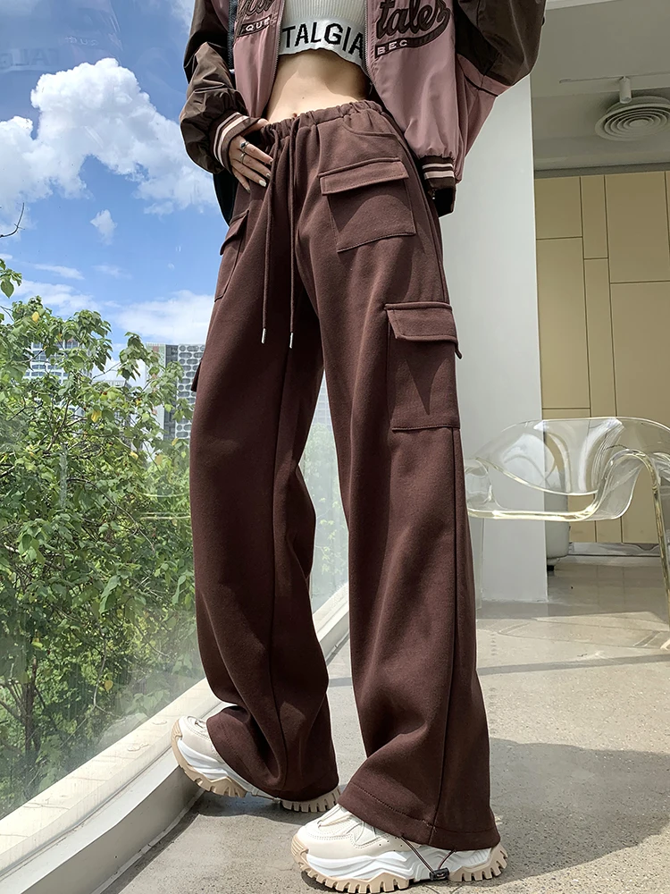 

American Multi-Pocket Pants Feet Drawstring Sweatpants Overalls Female 2023 Autumn Winter Loose Casual Trousers Women Grey Black