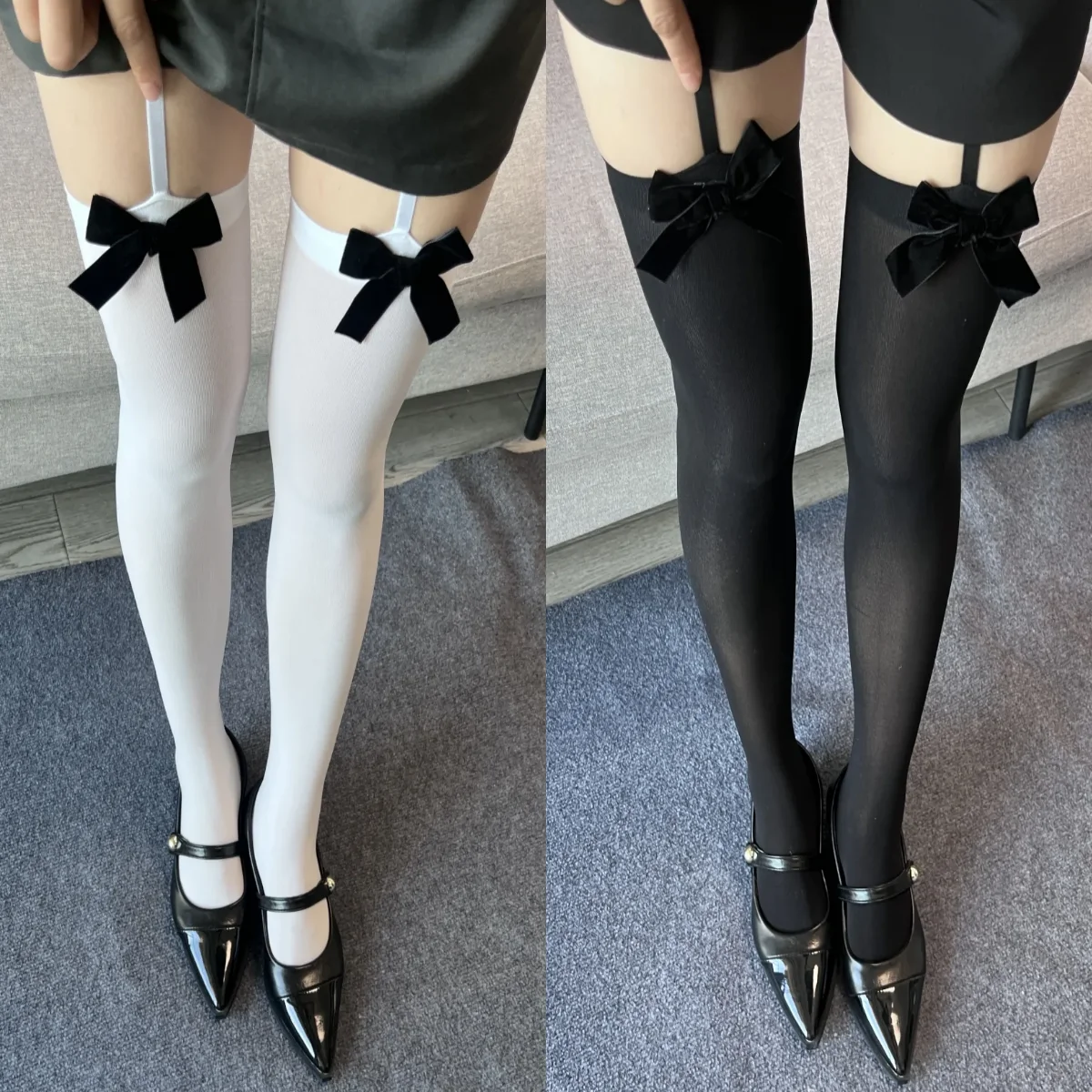 

Y2k чулки до бедра, бархатные гольфы с бантом на подтяжках, женские чулки, нижнее белье в стиле Лолиты, черно-белые носки, гольфы до бедра