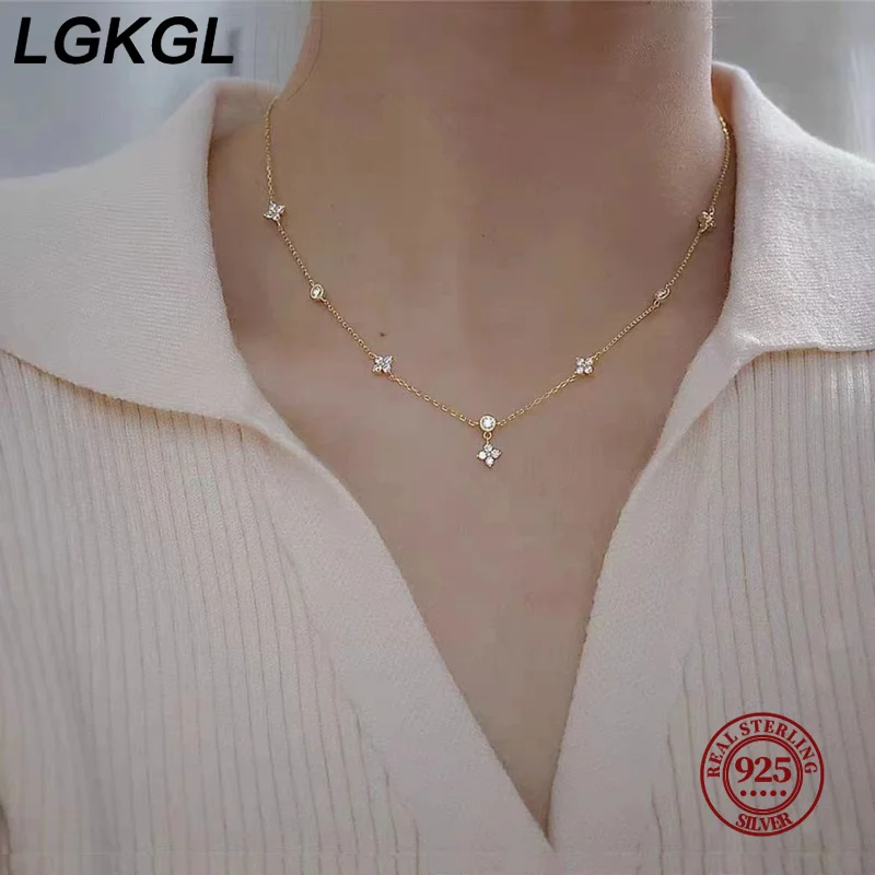 LGKGL Read S925 kalung bunga Zircon berkilau emas 18K berlapis perak murni untuk hadiah perhiasan pesta indah gadis wanita