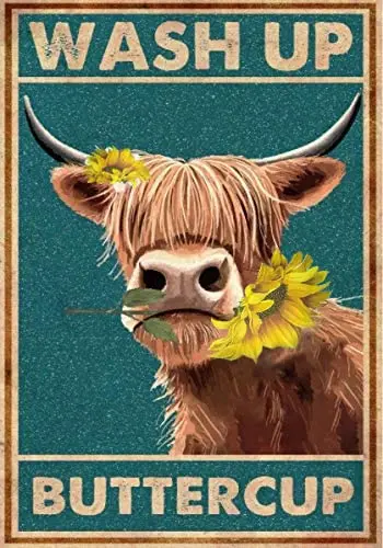 Metal Tin Retro Sign Wash Up Buttercup Metal Poster, Cow Metal Poster, Funny Cow Wall Art, Bathroom Hanging Decor,Home Deco sign