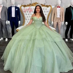 Shiny Sage Green Glitter Quinceanera Dress Bow Off-Shoulder Sleeves Vestidos De 15 Anos Corset Ball Gown Birthday Party Prom