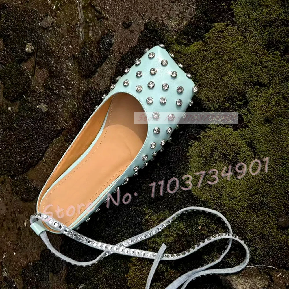 Zapatos planos de cuero de vaca azul con cristales brillantes para mujer, plantillas de piel de oveja con punta cuadrada, zapatos elegantes con cordones para verano