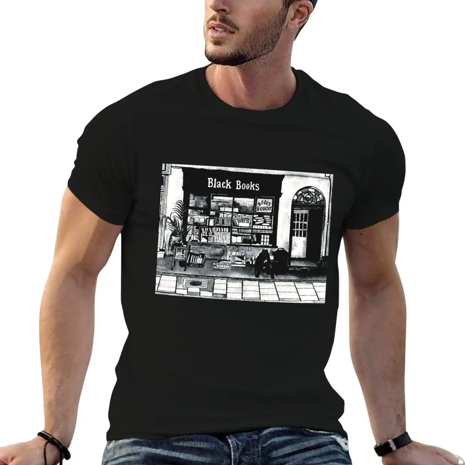 

Black Books, Shop front, ink painting. T-Shirt shirts graphic heavyweights essential t shirt mens graphic t-shirts pack