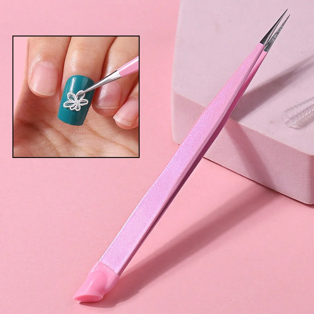 1pcs Pink Glitter Nail Art Tweezers, High Precision Pointed Tip Tweezer for Picking Nail Art Rhinestones Stickers Decals