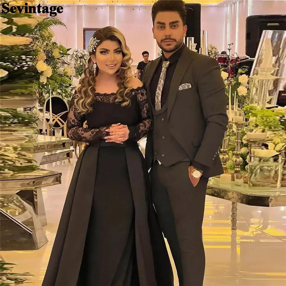 

Sevintage Elegant Saudi Arabic Satin Evening Dresses Lace Long Sleeves A-Line Prom Dresses Floor Length Vestidos De Gala 2023