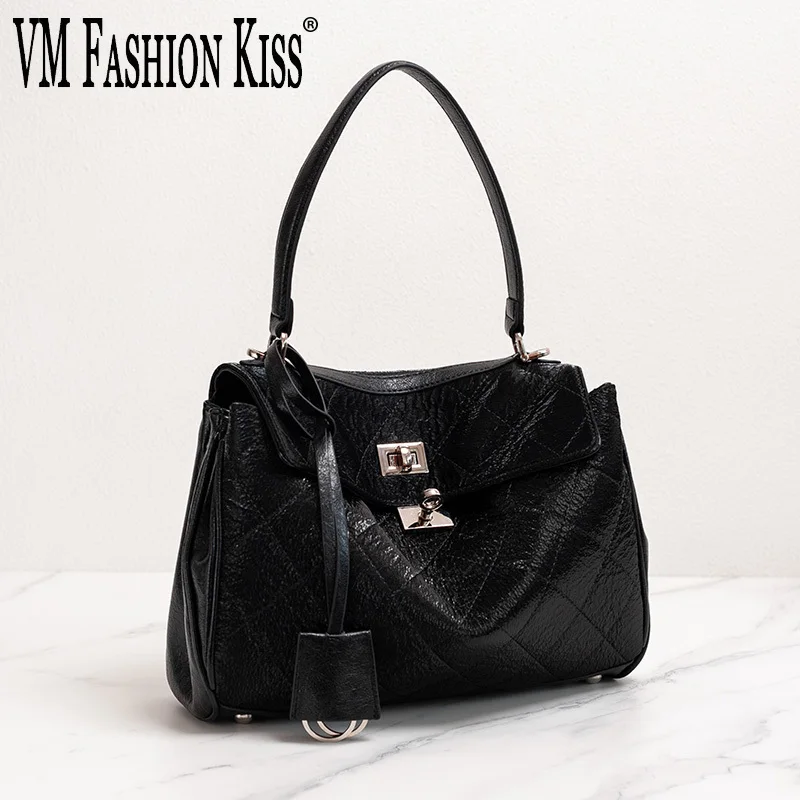 VM FASHION KISS Silver Lock Portable Underarm Bag Diamond Lattice Genuine Leather Women Handbag High Quality Crossbody Bag