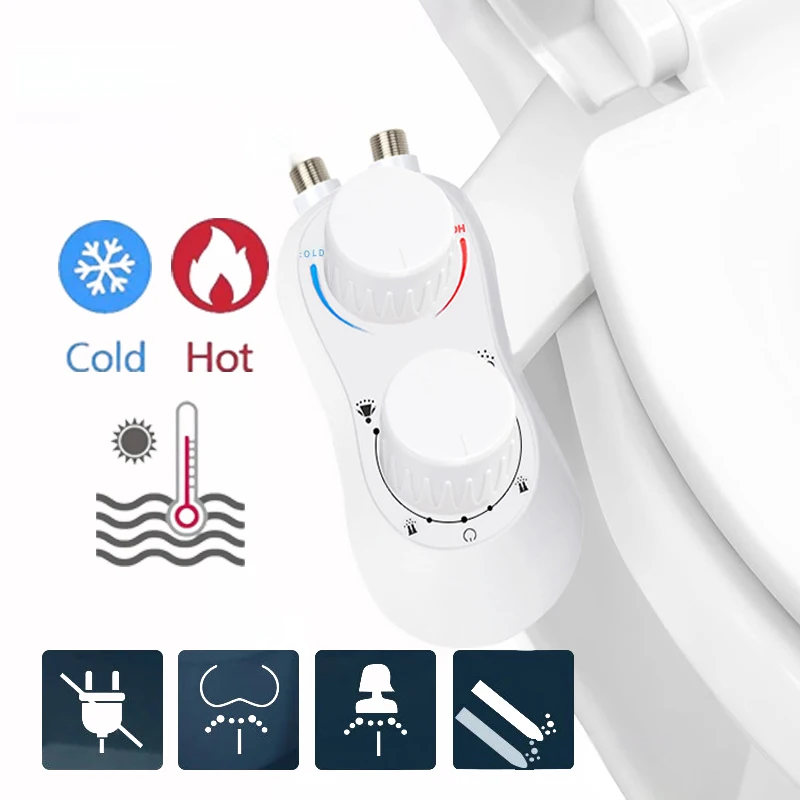 No-Power Bidet Toilet Seat Hot and Cold Water Hip Cleaner Dual Independent Detachable Spray Nozzles Toilet Bidet Attachment