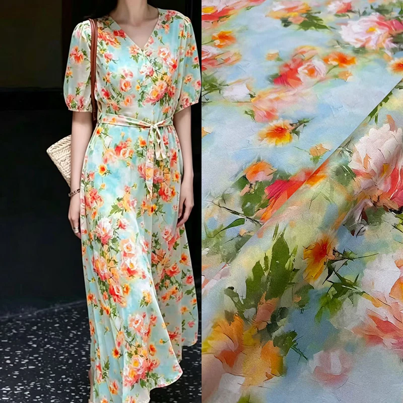 Pink Rose Printed 18MM Thin Silk Crepe de Chine Fabric for Summer Dress Pants Four-season Pajamas DIY Sewing Material R7120