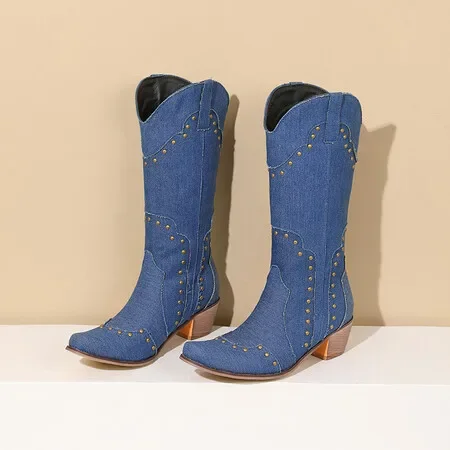 Winter Large Size 43 in Stock for Vintage Knee High Cowgirls Black Western Boots Shoes Zip Up Blue Cowboy Boots Women 2025