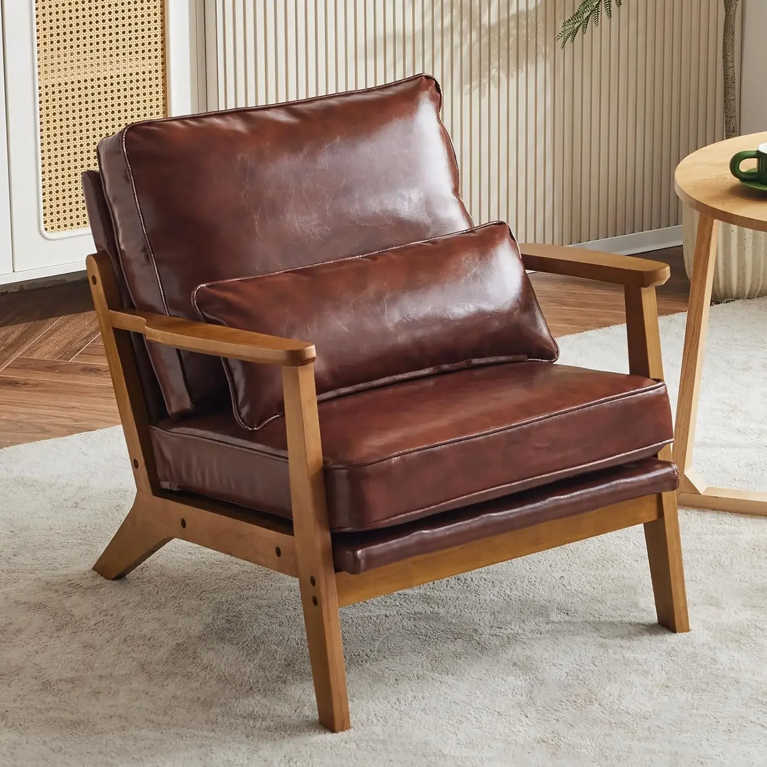 Mid-Century Lounge Accent Chair, Red-Brown | Wide Curved Armrest, PU Leather, Lumbar Pillow Included, Solid Wood Frame, For Livi