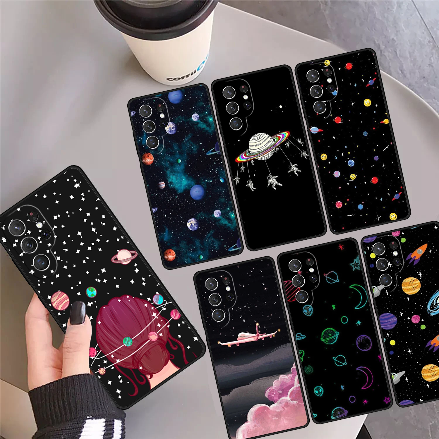 

Black With White Moon Stars Space Astronaut Phone Case Cover For Samsung Galaxy S24 S25 Ultra S23 S22 Plus S21 S20 Note 20 Pro