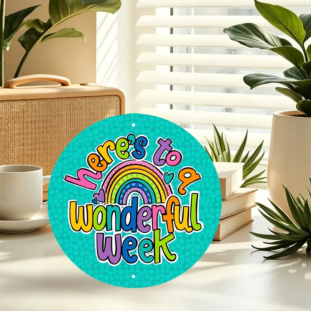 JIT 1-pc Light cyan rainbow YOU ARE WONDERFUL graffiti print round metal tin sign wall decor, hassle-free hanging structure, this stylish metal tin sign fits reading nook and bedroom for multi-scene wall decor, excellent daily home - view 8
