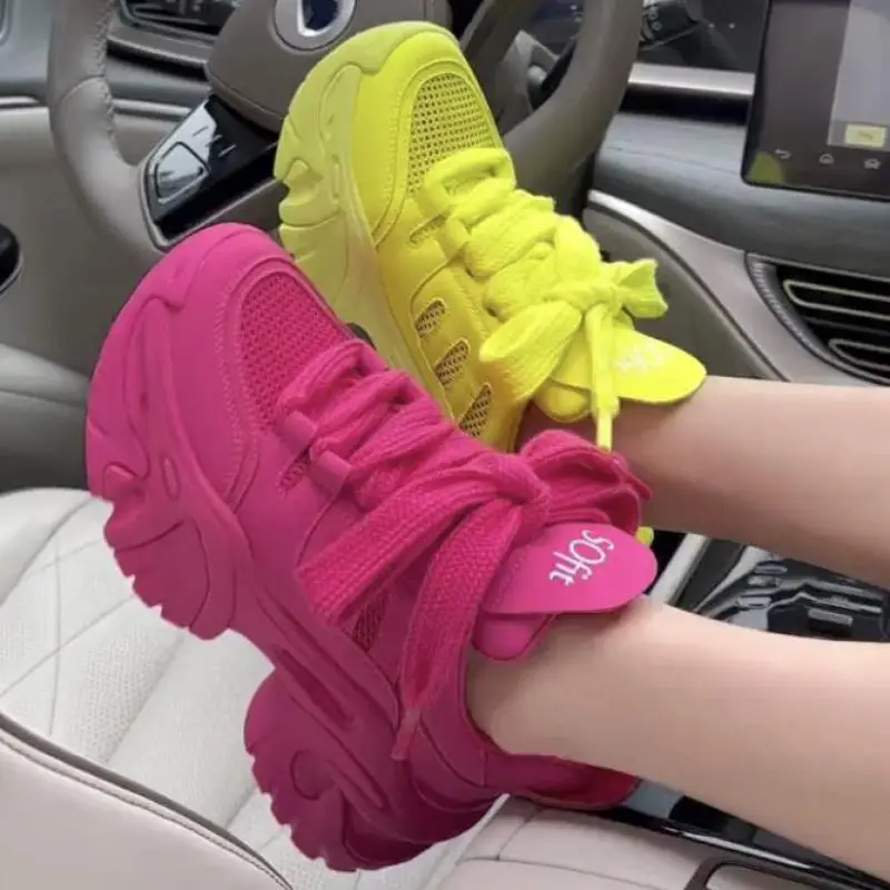 Autumn Pink Chunky Sneakers Platform Breathable Thick Sole Shoes Woman Lace-up Women Sports Casual Fashion Outdoors Walking Shoe