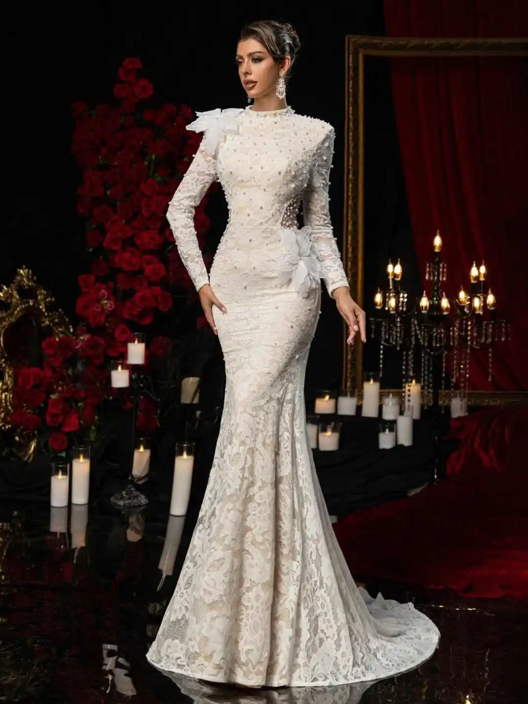 セクシーなマーメイドウェディングドレス真珠アップリケOネック長袖花嫁ドレスシースレーススイープトレインブライダルガウンカスタマイズ