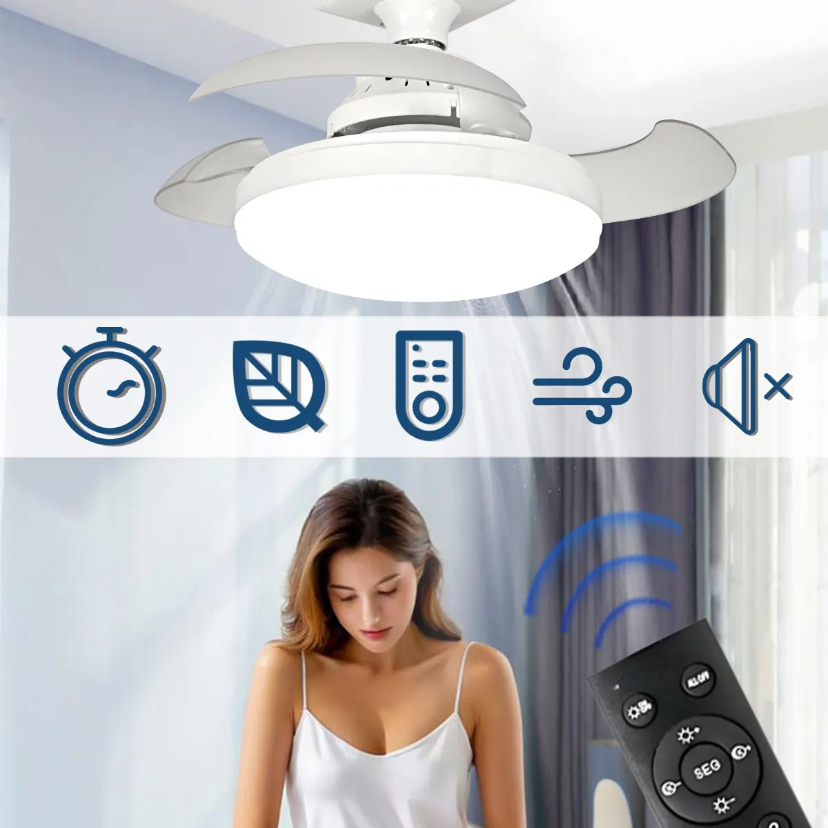 

30W E27 LED ceiling fan light with remote control for dimming, suitable for living room, study, household use, 110-265V