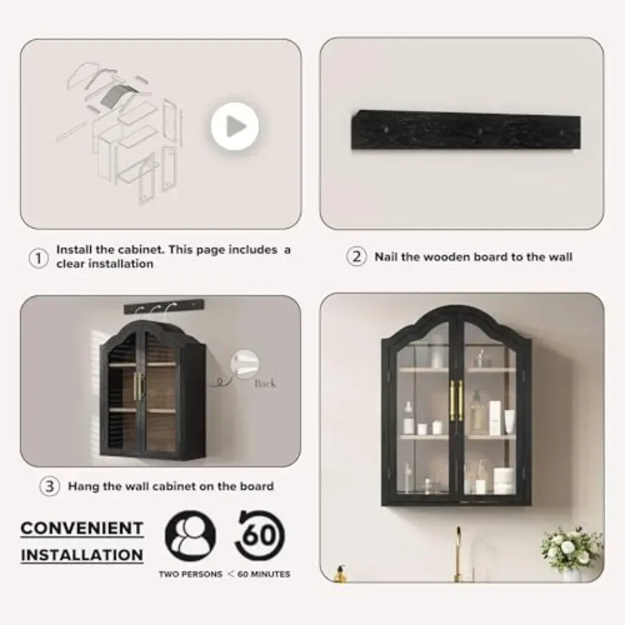 Bathroom and Kitchen Wall Cabinet with Wave Design Arch, Tempered Glass Doors, Adjustable Shelf, Above-toilet or Bookshelf Use, - view 4