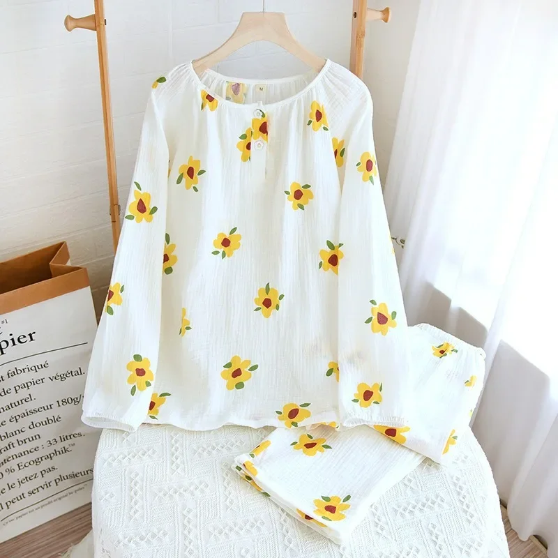 2023 New Spring and Autumn Women's Pajama Set 100%Cotton Crepe Pullover Long Sleeve Pants Two Piece Loose Floral Home Clothing