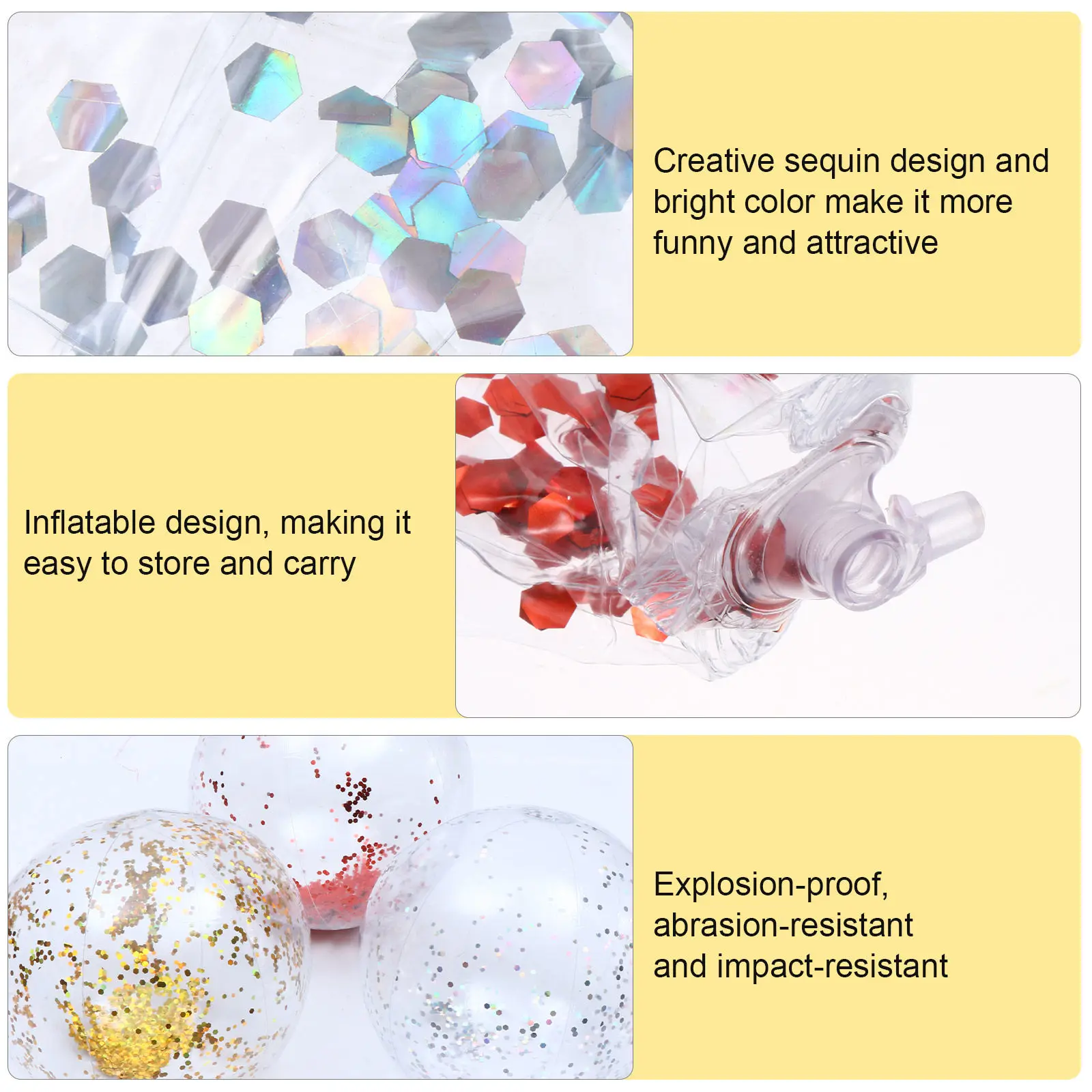 

3Pcs PVC Inflatable Sequin Beach Balls Bright Color Creative Design for Outdoor Fun Play Inflatable Beach Ball