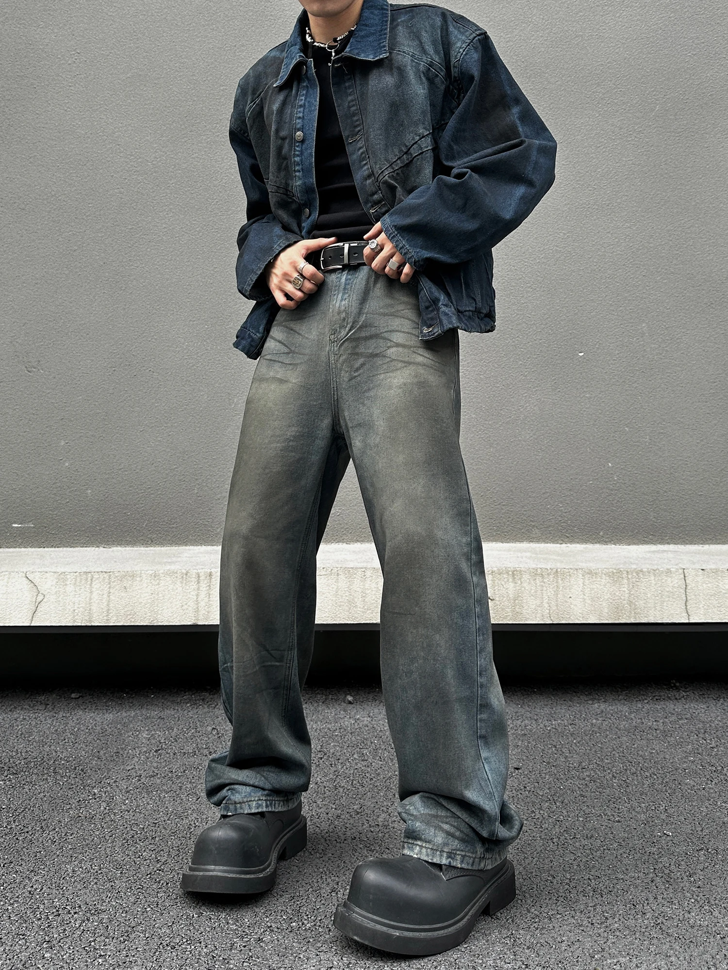 

American Style High Street Vintage Heavy Wash Loose Straight Leg Casual Jeans Dirt Treatment Jeans Youth Popular Jeans