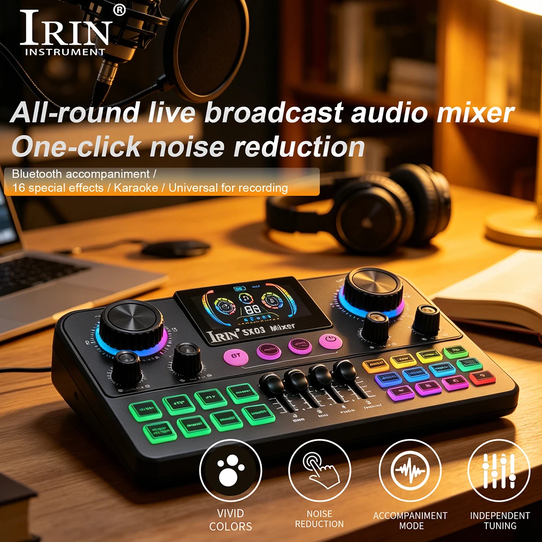 IRIN SX03 Live Sound Card with Digital Screen & XLR Port – Bluetooth Integration, Professional Tuning for Streaming